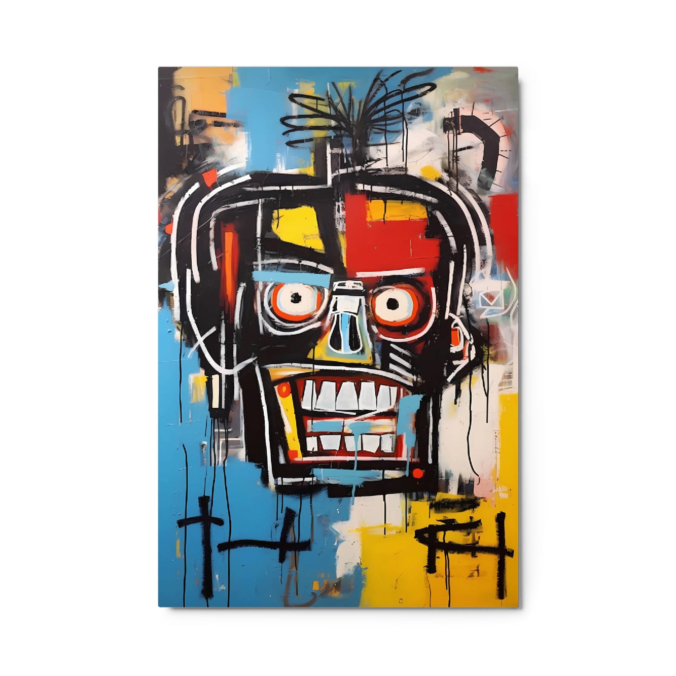 "Voltage Grin" glossy metal poster 24"x36" product photo on white background, abstract street-art face print with big round eyes, toothy grin, paint drips, and bold blue/yellow/red accents, by GiveMeMood