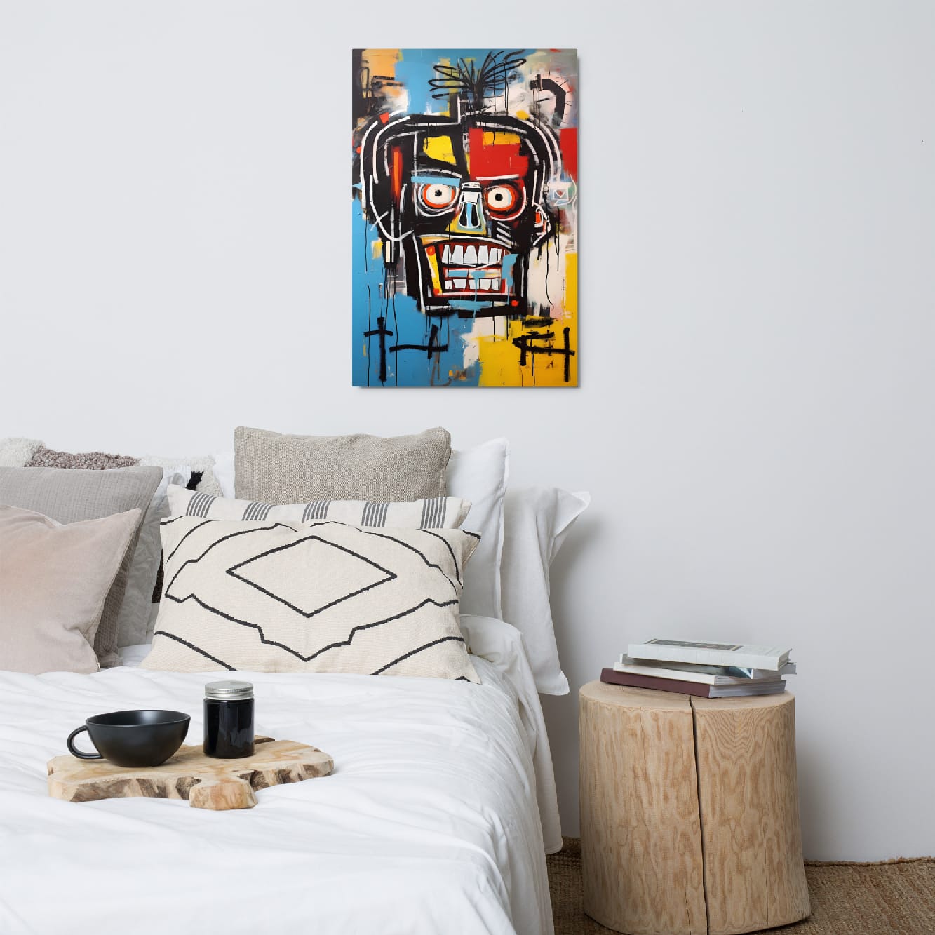 "Voltage Grin" glossy metal poster 24"x36" above bed in a modern bedroom, colorful graffiti face artwork with energetic brush strokes, black outline, and bright blue/yellow/red color blocks, by GiveMeMood