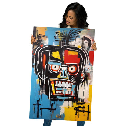 "Voltage Grin" glossy metal poster 24"x36" held by model, oversized abstract graffiti face wall art with wide grin, expressive eyes, paint drips, and bold pop-art colors, by GiveMeMood