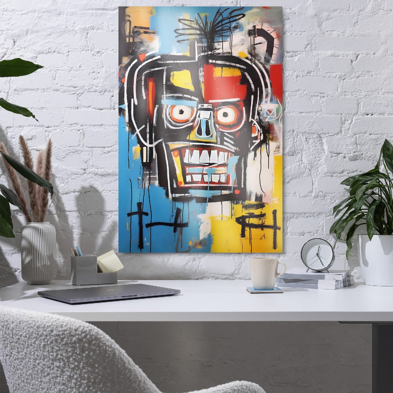 "Voltage Grin" glossy metal poster 24"x36" in a home office on white brick wall above desk, vibrant street-art face print with toothy grin, big eyes, and layered blue/yellow/red paint splashes, by GiveMeMood