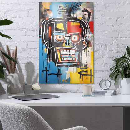 "Voltage Grin" glossy metal poster 24"x36" in a home office on white brick wall above desk, vibrant street-art face print with toothy grin, big eyes, and layered blue/yellow/red paint splashes, by GiveMeMood