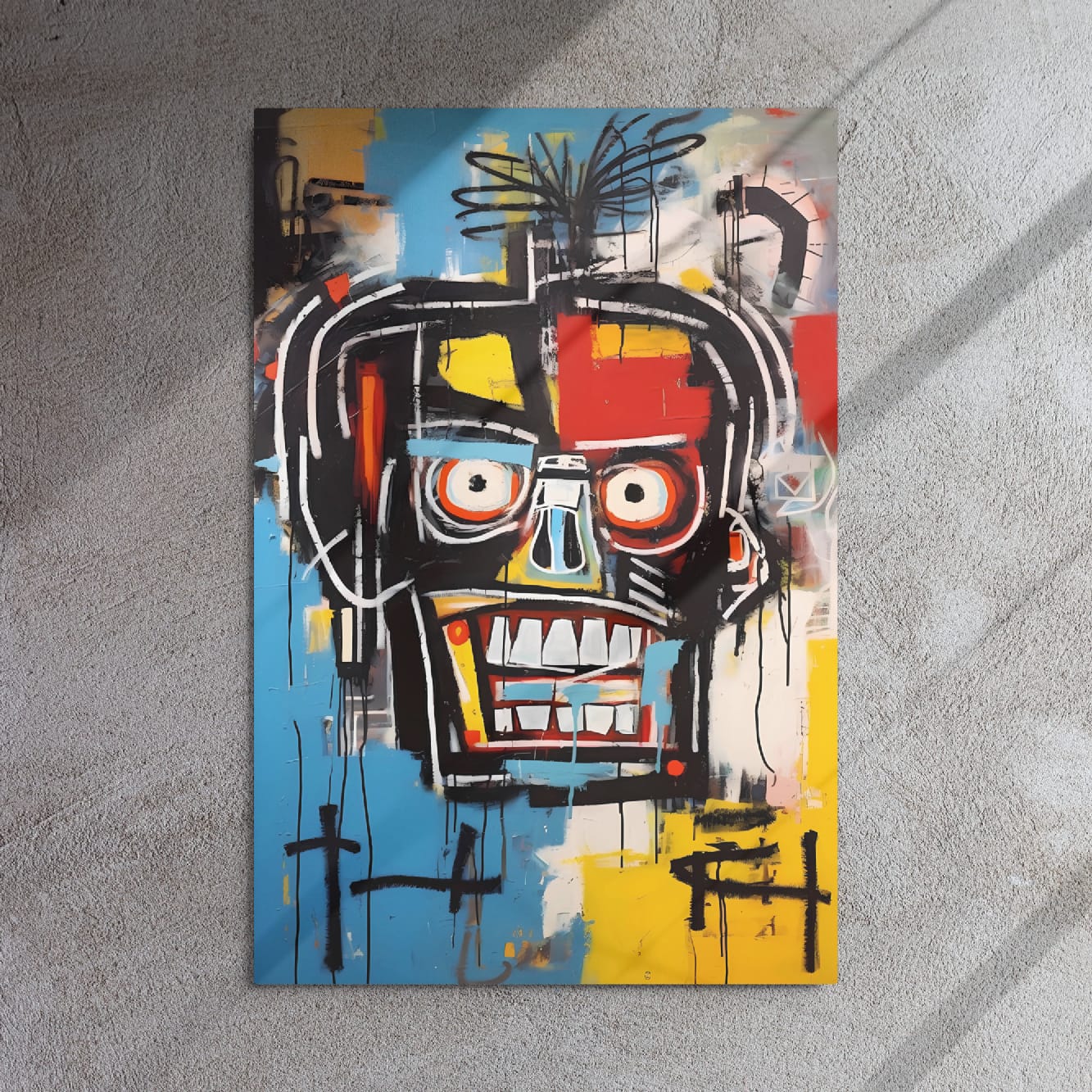 "Voltage Grin" glossy metal poster 24"x36" on textured concrete wall with diagonal sun shadows, abstract graffiti face pop art with strong black lines, dripping paint, and bright blue/yellow/red blocks, by GiveMeMood