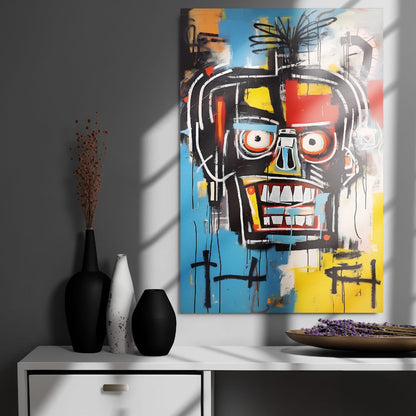 "Voltage Grin" glossy metal poster 24"x36" on modern gray wall above console decor with window-light shadows, bold graffiti face artwork with wide grin, big eyes, and vivid blue/yellow/red accents, by GiveMeMood