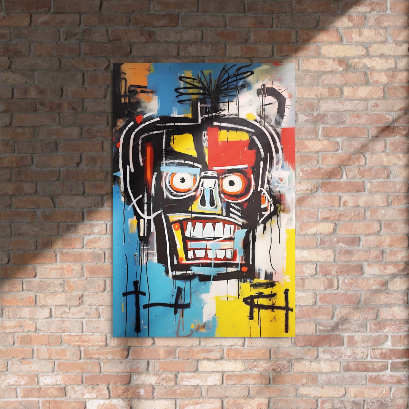 "Voltage Grin" glossy metal poster 24"x36" on rustic brick wall with sun shadows, vibrant graffiti face pop art with wide toothy grin, bold black lines, and blue/yellow/red paint blocks, by GiveMeMood