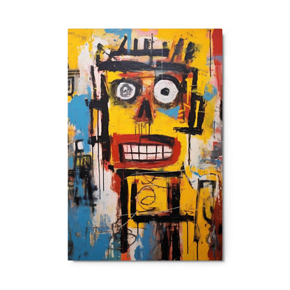 "Static Smile" glossy metal poster 24"x36" product photo on white background, vibrant abstract street-art face print with big eyes and red grin, by GiveMeMood
