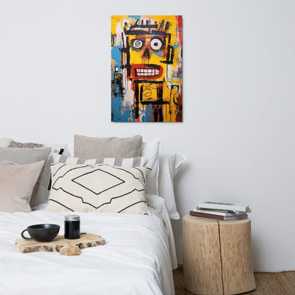 "Static Smile" glossy metal poster 24"x36" above bed, colorful abstract graffiti face portrait with bright yellow background and dripping paint accents, by GiveMeMood