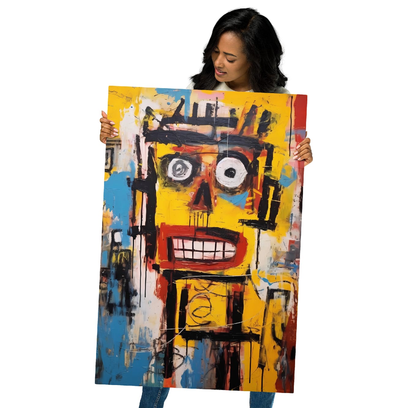 "Static Smile" glossy metal poster 24"x36" held by model, oversized abstract graffiti face wall art print with expressive brushwork and paint drips, by GiveMeMood