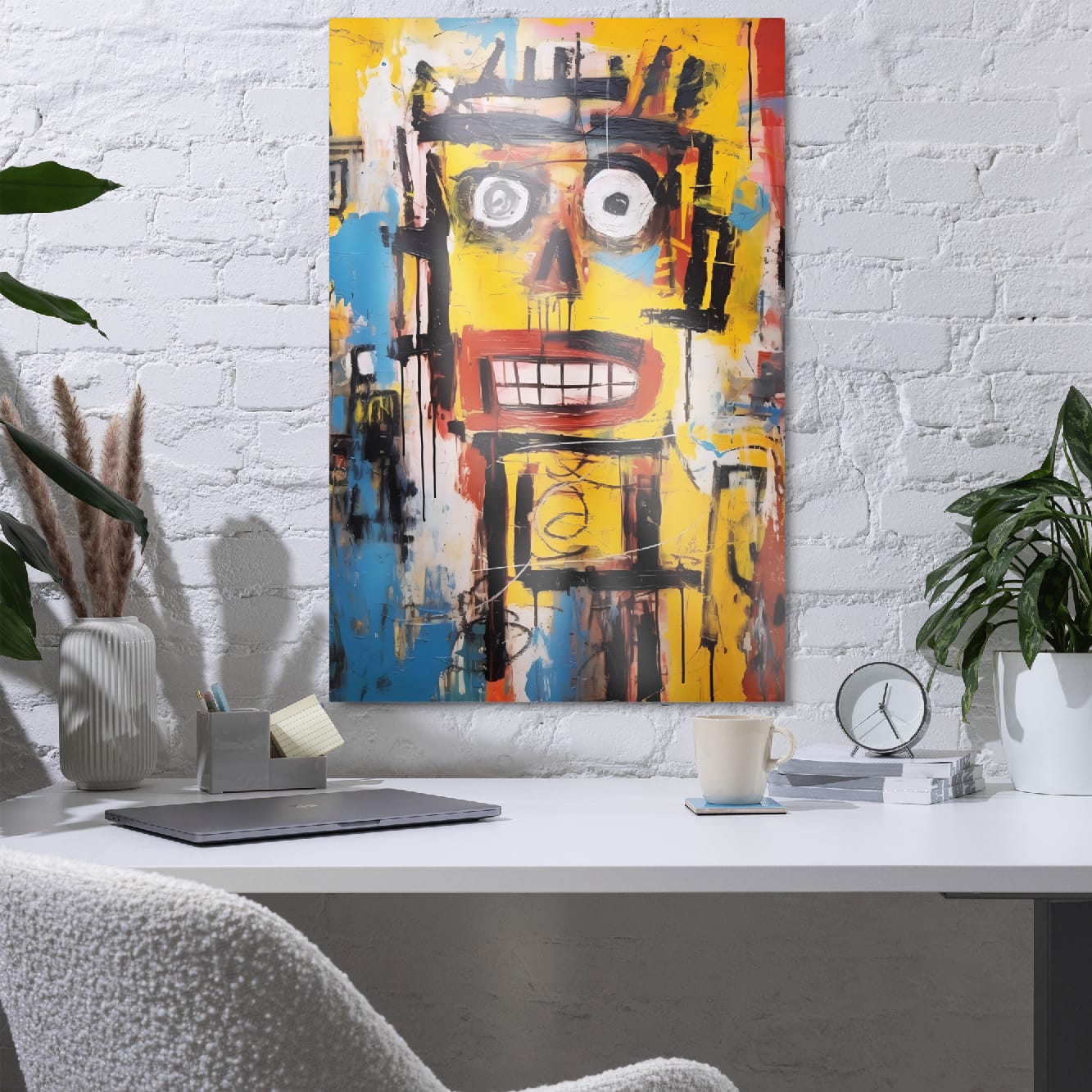 "Static Smile" glossy metal poster 24"x36" in home office on white brick wall above desk, modern abstract graffiti face artwork with bold lines and bright colors, by GiveMeMood