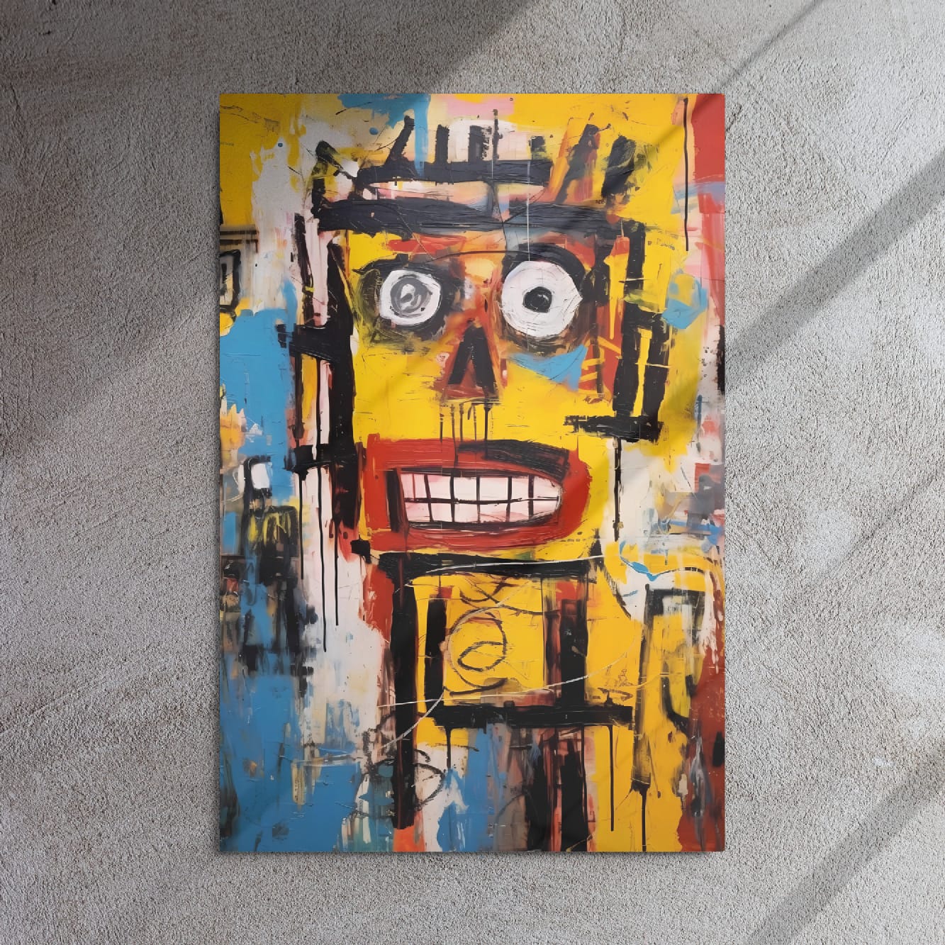 "Static Smile" glossy metal poster 24"x36" on textured concrete wall with sun shadows, abstract graffiti face print with wide grin and layered paint splashes, by GiveMeMood