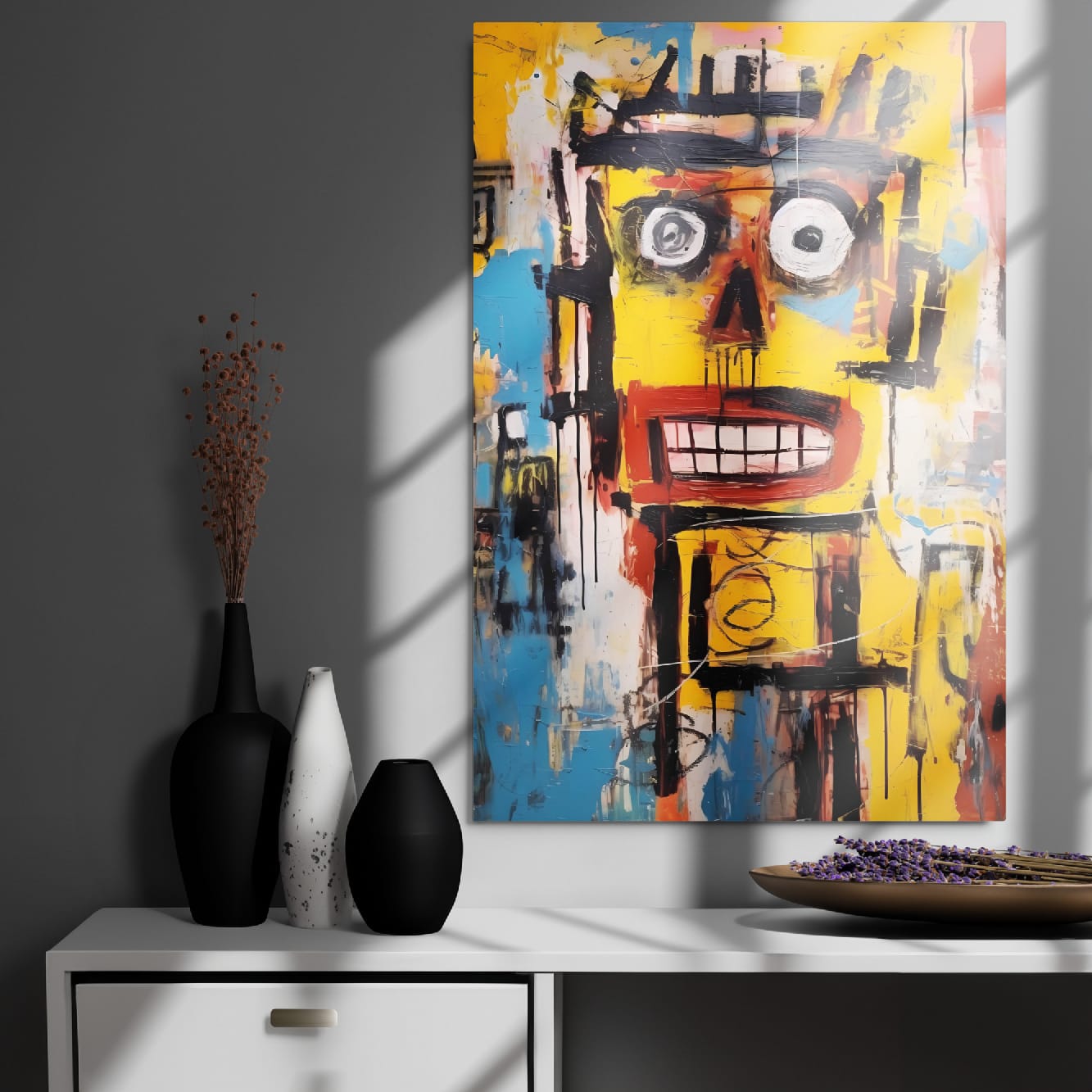 "Static Smile" glossy metal poster 24"x36" on modern gray wall above console decor, vibrant abstract graffiti face portrait with window-light shadows, by GiveMeMood