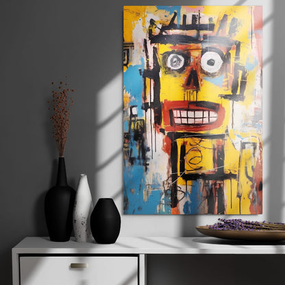 "Static Smile" glossy metal poster 24"x36" on modern gray wall above console decor, vibrant abstract graffiti face portrait with window-light shadows, by GiveMeMood