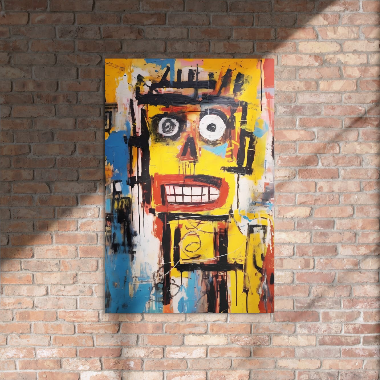 "Static Smile" glossy metal poster 24"x36" on rustic brick wall with sun shadows, abstract graffiti face art with wide toothy grin and bold paint strokes, by GiveMeMood