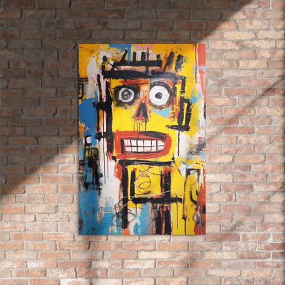 "Static Smile" glossy metal poster 24"x36" on rustic brick wall with sun shadows, abstract graffiti face art with wide toothy grin and bold paint strokes, by GiveMeMood