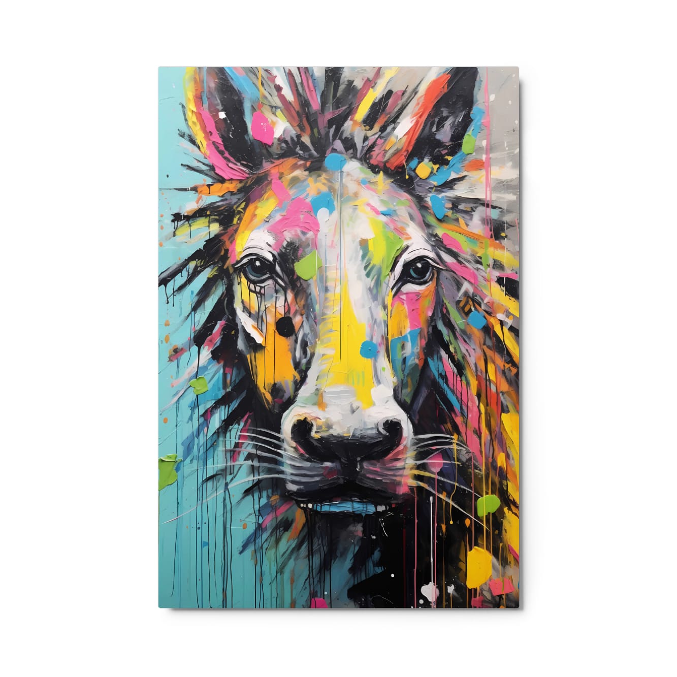"Stallion Stare" glossy metal poster 24"x36" product photo on white background, colorful paint-splatter horse portrait art print, by GiveMeMood