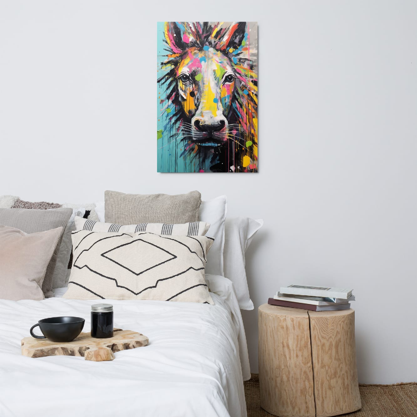 "Stallion Stare" glossy metal poster 24"x36" above bed, colorful street-art stallion portrait with drips on teal background, by GiveMeMood
