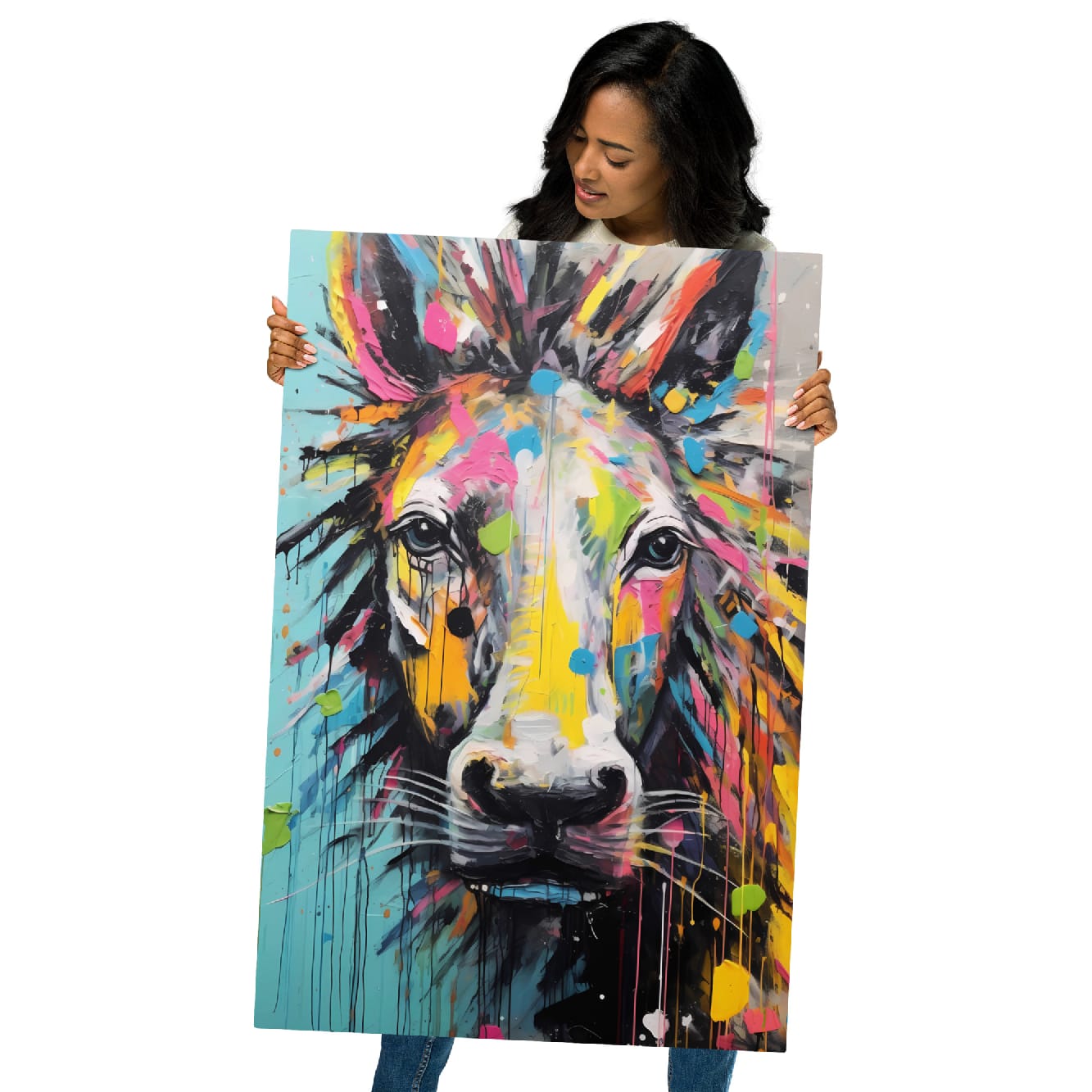 "Stallion Stare" glossy metal poster 24"x36" held by model, oversized colorful graffiti horse portrait print, by GiveMeMood