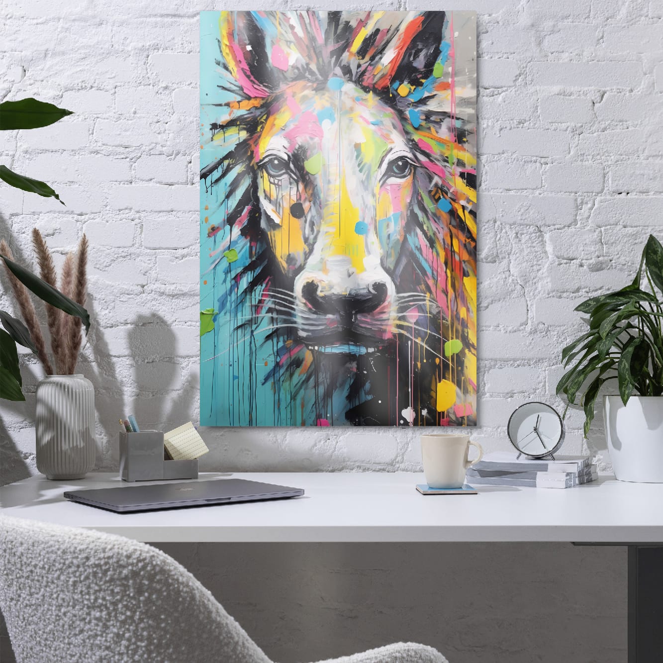 "Stallion Stare" glossy metal poster 24"x36" in home office on white brick wall above desk, vibrant stallion portrait with paint splashes, by GiveMeMood