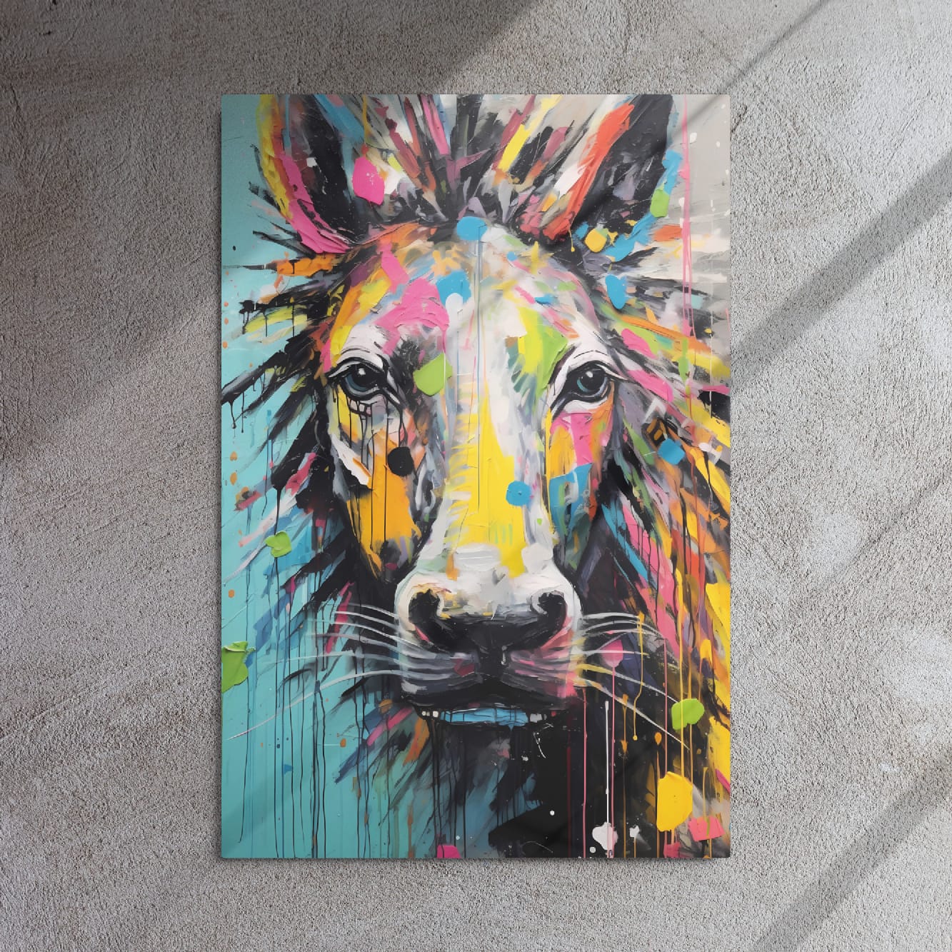 "Stallion Stare" glossy metal poster 24"x36" on textured concrete wall with sun shadows, neon paint-splatter horse face with ink drips, by GiveMeMood