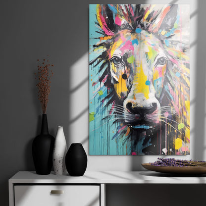 "Stallion Stare" glossy metal poster 24"x36" on modern gray wall above console decor, bold graffiti horse head artwork with dripping paint, by GiveMeMood