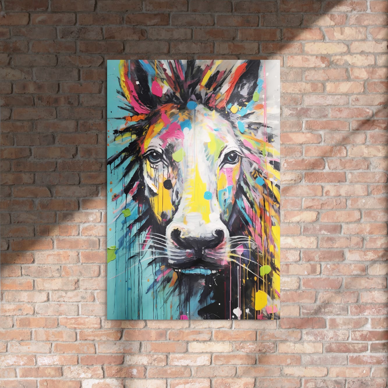 "Stallion Stare" glossy metal poster 24"x36" on rustic brick wall with sun shadows, vibrant graffiti horse face with paint splashes, by GiveMeMood