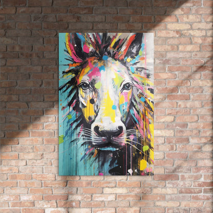 "Stallion Stare" glossy metal poster 24"x36" on rustic brick wall with sun shadows, vibrant graffiti horse face with paint splashes, by GiveMeMood
