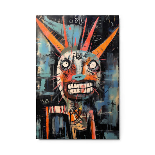 "Horned Grin" glossy metal poster 24x36", close-up product shot on white background, horned graffiti creature with wild eyes and big grin in teal, orange and black, by GiveMeMood