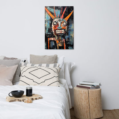 "Horned Grin" glossy metal poster 24x36" above bed, modern bedroom wall decor featuring a horned graffiti beast portrait with bold orange horns and toothy smile, by GiveMeMood