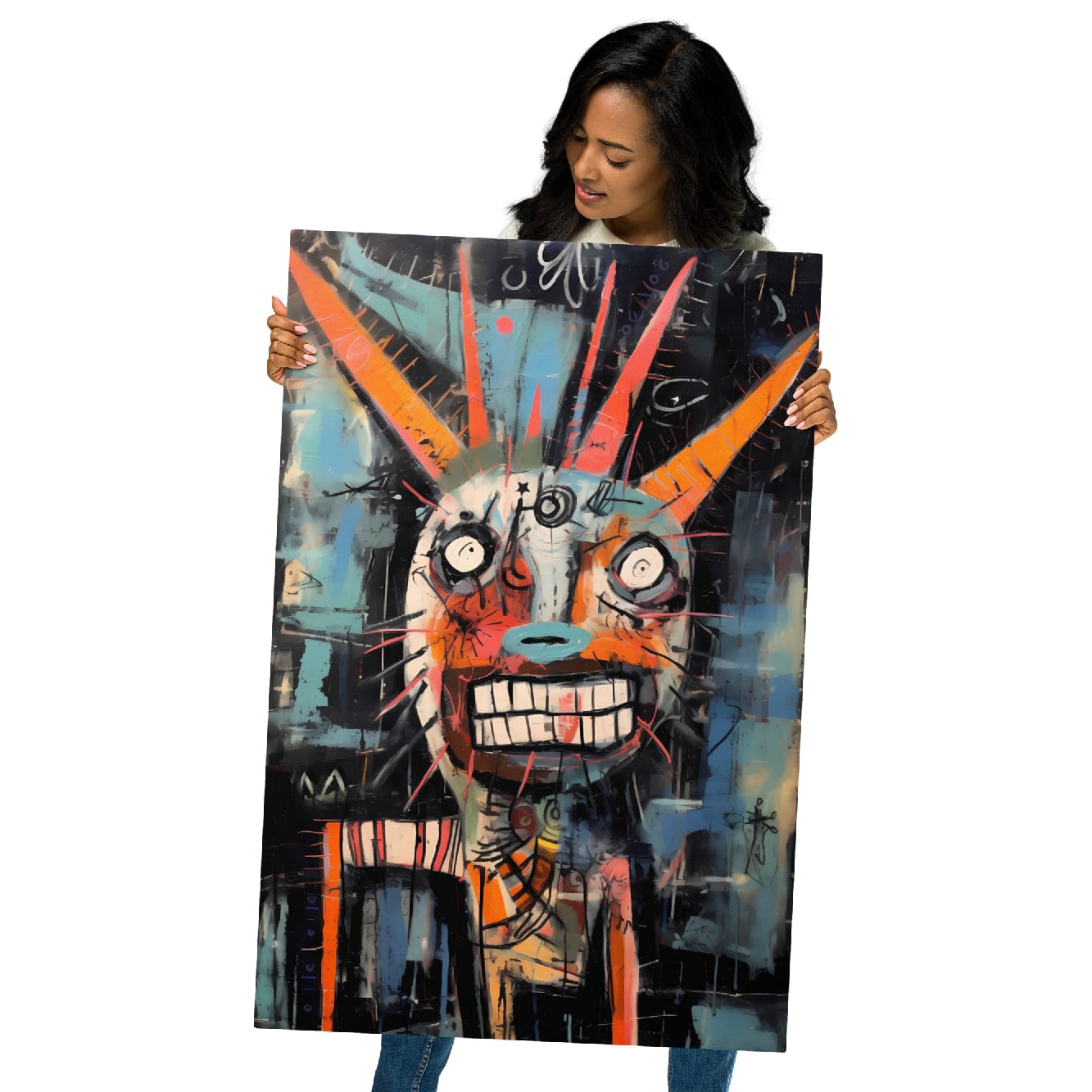 "Horned Grin" glossy metal poster 24x36", model holding oversized wall art portrait, abstract horned graffiti beast with teal nose and wide grin, by GiveMeMood