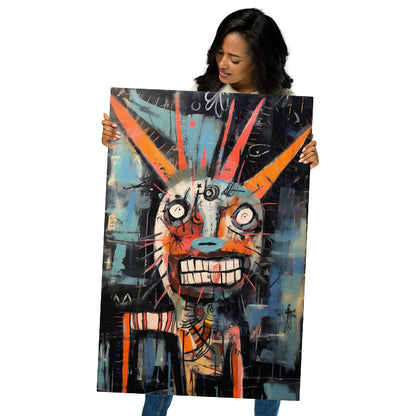 "Horned Grin" glossy metal poster 24x36", model holding oversized wall art portrait, abstract horned graffiti beast with teal nose and wide grin, by GiveMeMood