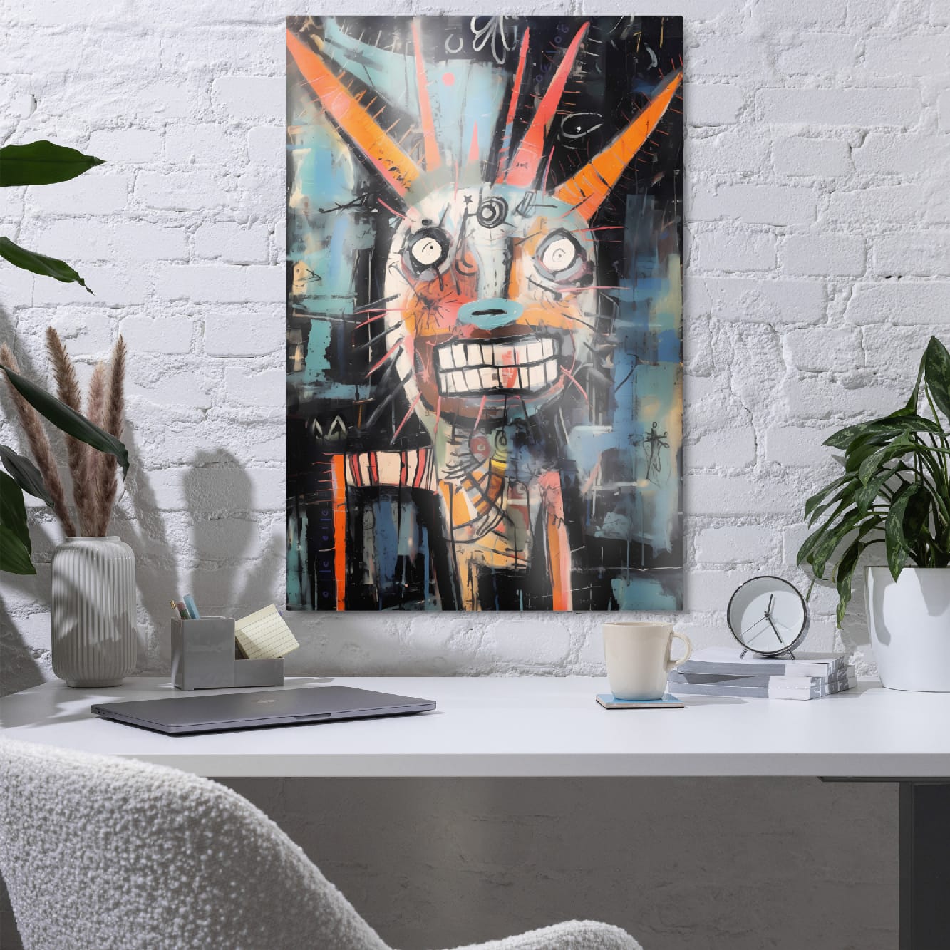 "Horned Grin" glossy metal poster 24x36" on white brick office wall, colorful horned graffiti beast artwork with orange horns and bold brush marks, by GiveMeMood