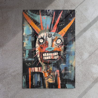 "Horned Grin" glossy metal poster 24x36" on textured concrete wall with sun shadows, abstract horned graffiti creature face with toothy grin, by GiveMeMood