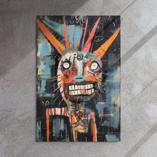 "Horned Grin" glossy metal poster 24x36" on textured concrete wall with sun shadows, abstract horned graffiti creature face with toothy grin, by GiveMeMood