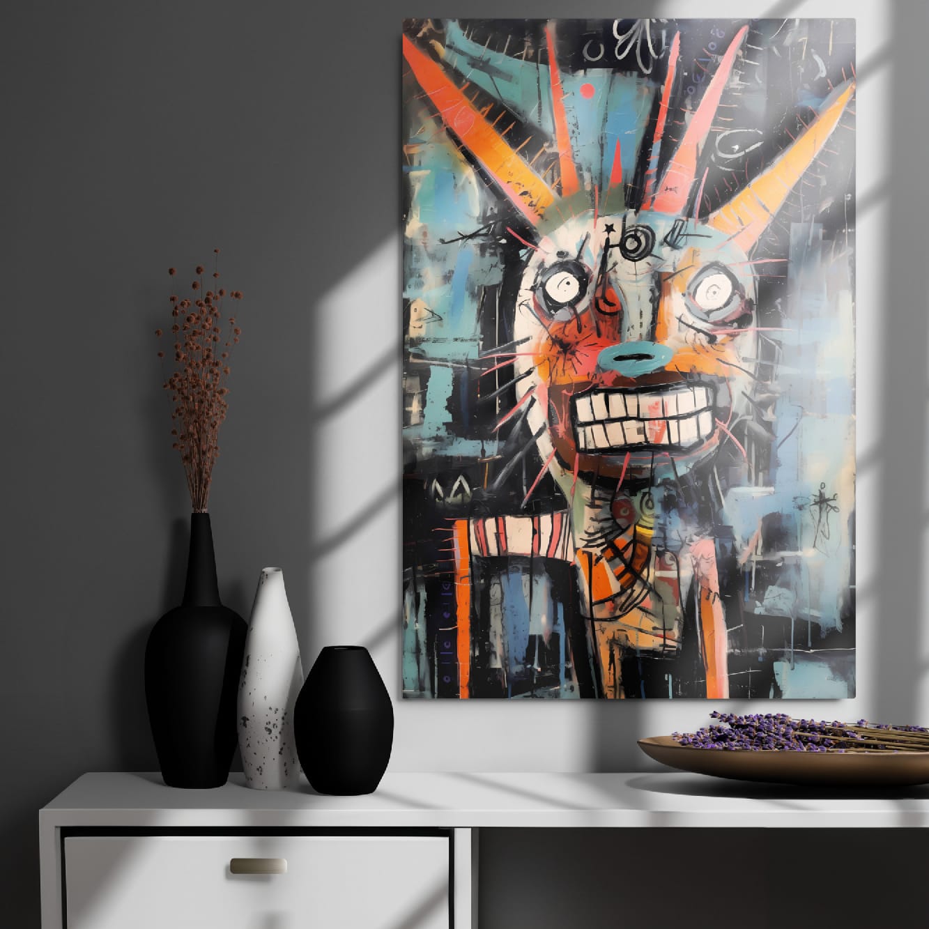 "Horned Grin" glossy metal poster 24x36" in modern entryway decor, horned graffiti beast portrait with teal-and-orange accents under dramatic window light, by GiveMeMood