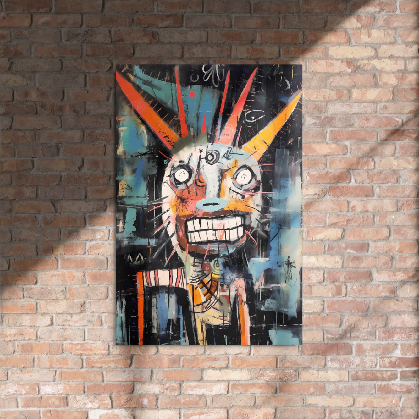 "Horned Grin" glossy metal poster 24x36", graffiti beast face with orange horns, teal-and-black paint layers and wide toothy grin on rustic brick wall, by GiveMeMood