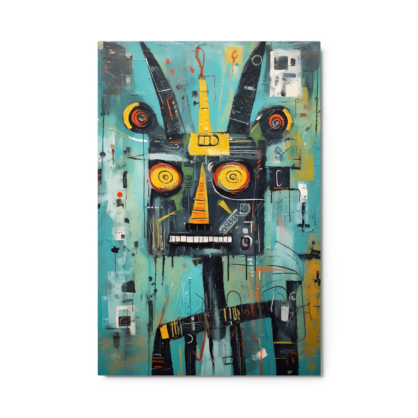 "Circuit Snarl" glossy metal poster 24x36" close-up product shot, teal abstract beast pop art print with spiral eyes, by GiveMeMood