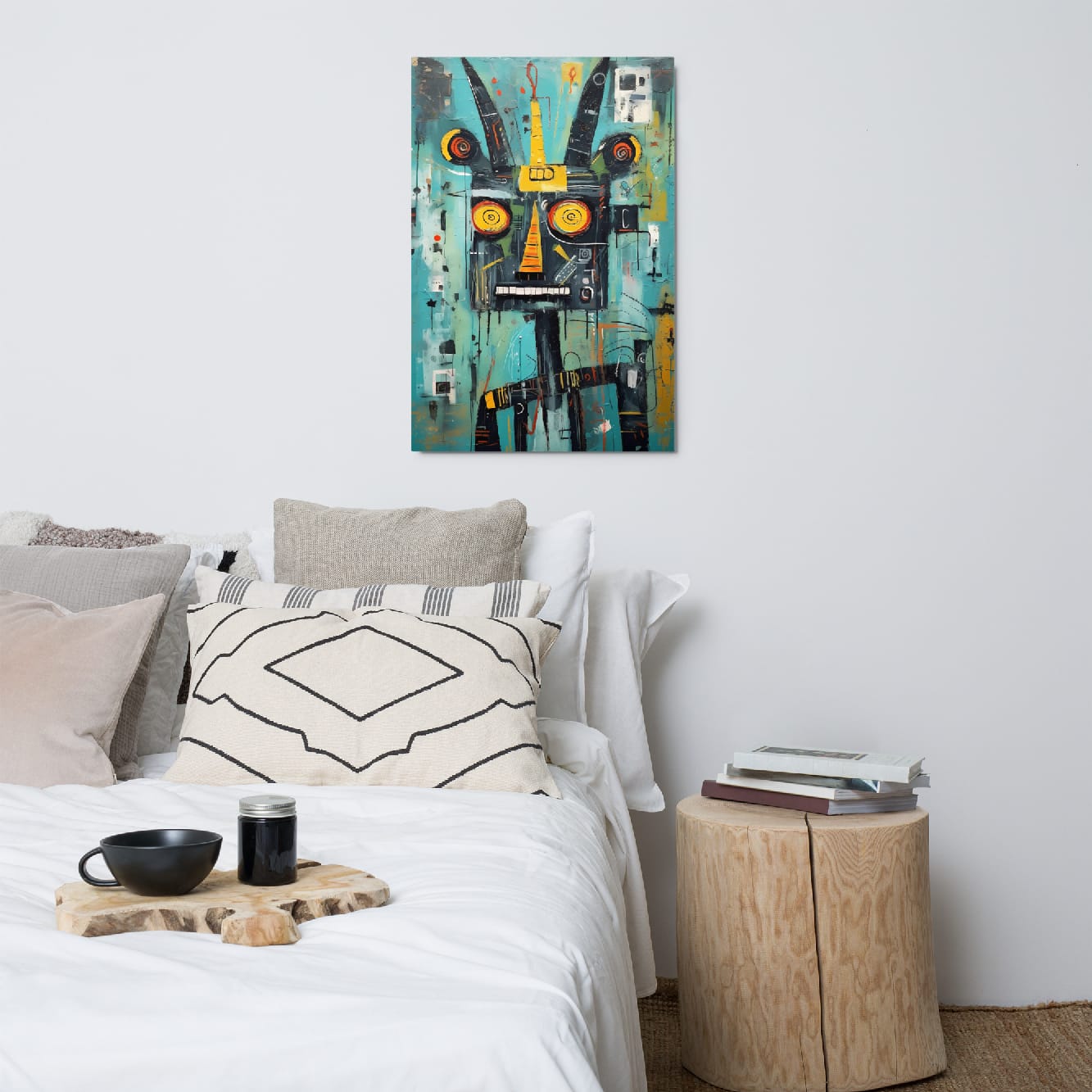 "Circuit Snarl" glossy metal poster 24x36" above bed, abstract horned creature face in teal with yellow-orange eyes, by GiveMeMood