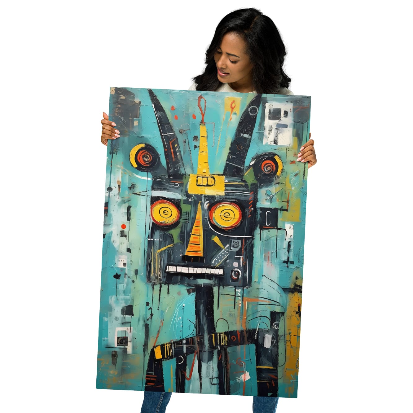"Circuit Snarl" abstract beast pop art on glossy metal poster 24x36", model holding large wall art portrait, by GiveMeMood