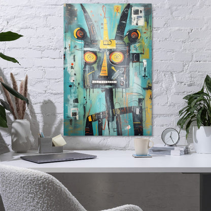 "Circuit Snarl" glossy metal poster 24x36" in home office setup above desk, teal abstract beast portrait with orange accents, by GiveMeMood
