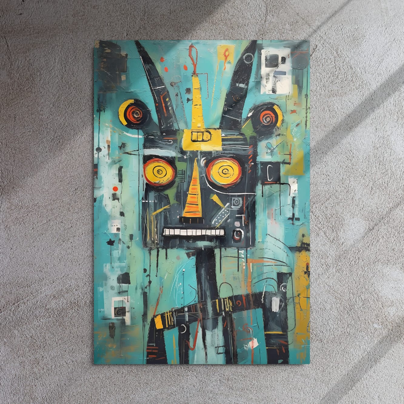 "Circuit Snarl" glossy metal poster 24x36" on textured concrete wall with soft window light and shadows, by GiveMeMood
