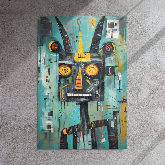 "Circuit Snarl" glossy metal poster 24x36" on textured concrete wall with soft window light and shadows, by GiveMeMood