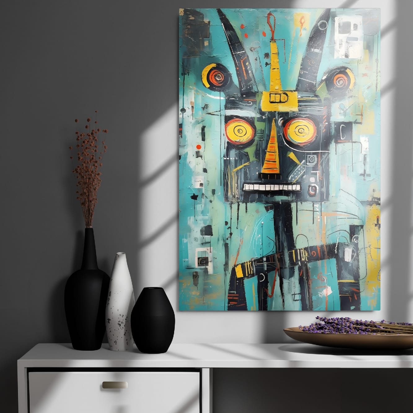 "Circuit Snarl" glossy metal poster 24x36" in modern entryway, teal cyber-beast face with drips and bold graphic texture, by GiveMeMood