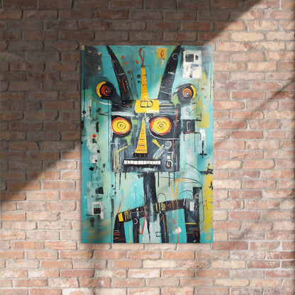 "Circuit Snarl" abstract beast pop art glossy metal poster 24x36", teal cyber mask with spiral eyes on white background, by GiveMeMood