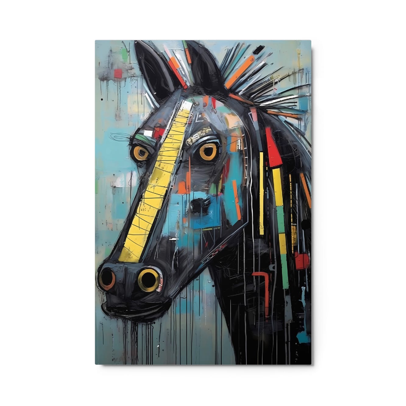 "Equine Curiosity" abstract graffiti horse glossy metal poster 24"x36" featuring a black horse head with bold yellow stripe, wide golden eyes, teal background, colorful accents, and dripping paint details by GiveMeMood