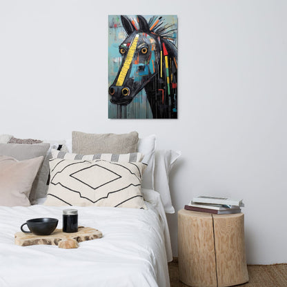 "Equine Curiosity" 24"x36" glossy metal wall art print displayed above a cozy bed, modern abstract horse portrait with yellow stripe, golden eyes, teal tones, and expressive paint drips by GiveMeMood