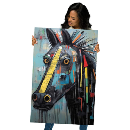 "Equine Curiosity" woman holding a 24"x36" glossy metal print featuring an expressive graffiti horse face with yellow stripe, golden eyes, teal backdrop, and bold street-art paint streaks by GiveMeMood