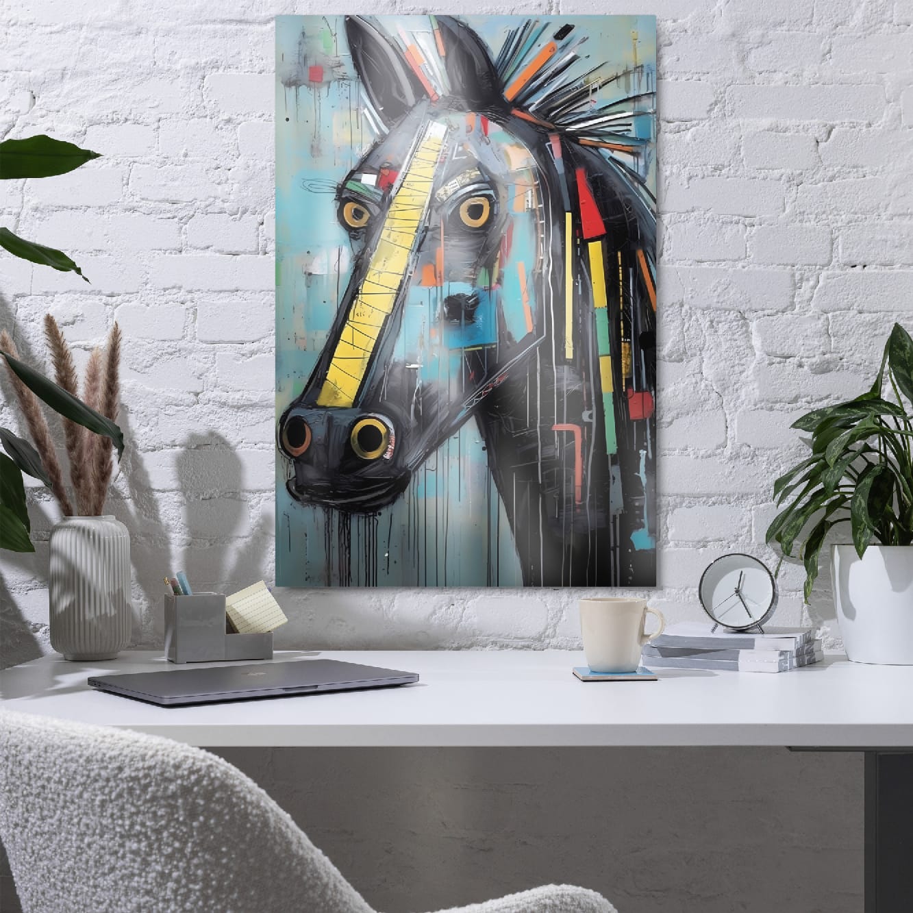 "Equine Curiosity" glossy metal poster 24"x36" on a white brick wall above a modern desk with laptop, abstract graffiti horse portrait with yellow stripe, teal background, and dripping paint accents by GiveMeMood