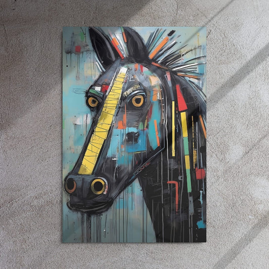 "Equine Curiosity" 24"x36" glossy metal wall art mounted on a textured gray concrete wall with sunlight shadows, bold graffiti horse head with yellow stripe, golden eyes, teal tones, and paint drips by GiveMeMood