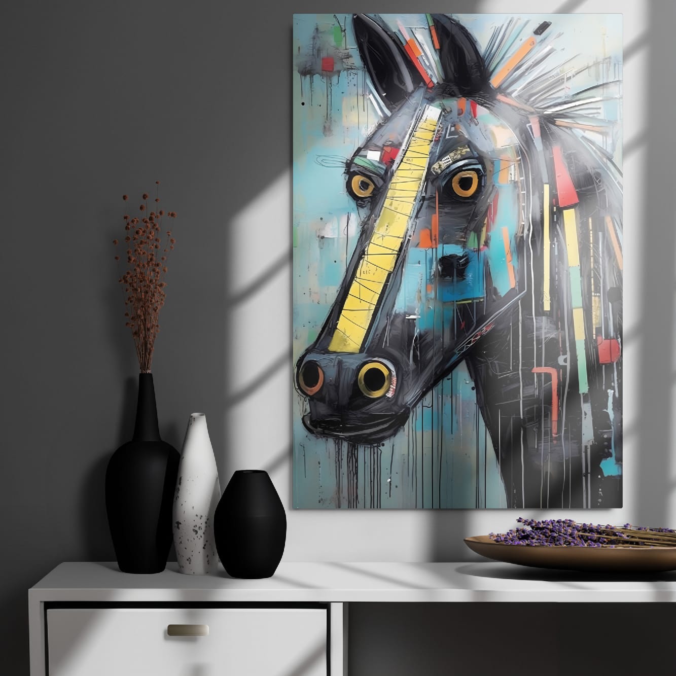 "Equine Curiosity" glossy metal wall art print 24"x36" displayed above a modern cabinet with vases and window-light shadows, striking graffiti horse portrait with yellow stripe and dripping paint by GiveMeMood