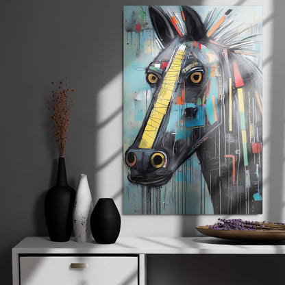 "Equine Curiosity" glossy metal wall art print 24"x36" displayed above a modern cabinet with vases and window-light shadows, striking graffiti horse portrait with yellow stripe and dripping paint by GiveMeMood
