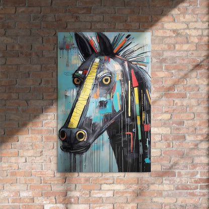 "Equine Curiosity" glossy metal poster 24"x36" on a rustic brick wall with warm sunlight, abstract graffiti horse portrait with yellow stripe, golden eyes, teal background, and bold paint drips by GiveMeMood